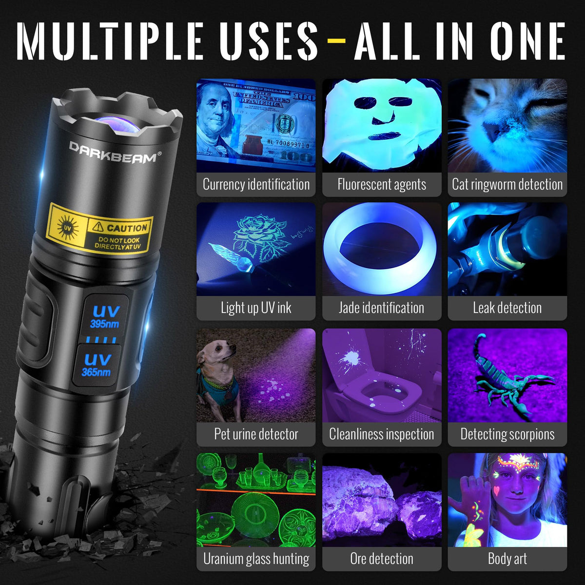 UV Flashlight 365nm & 395nm Dual Black Light Woods Lamp Ringworm (UV 365nm(Bluish) + UV 395nm(violetish)-1 Pack / Pocket-size (A900))