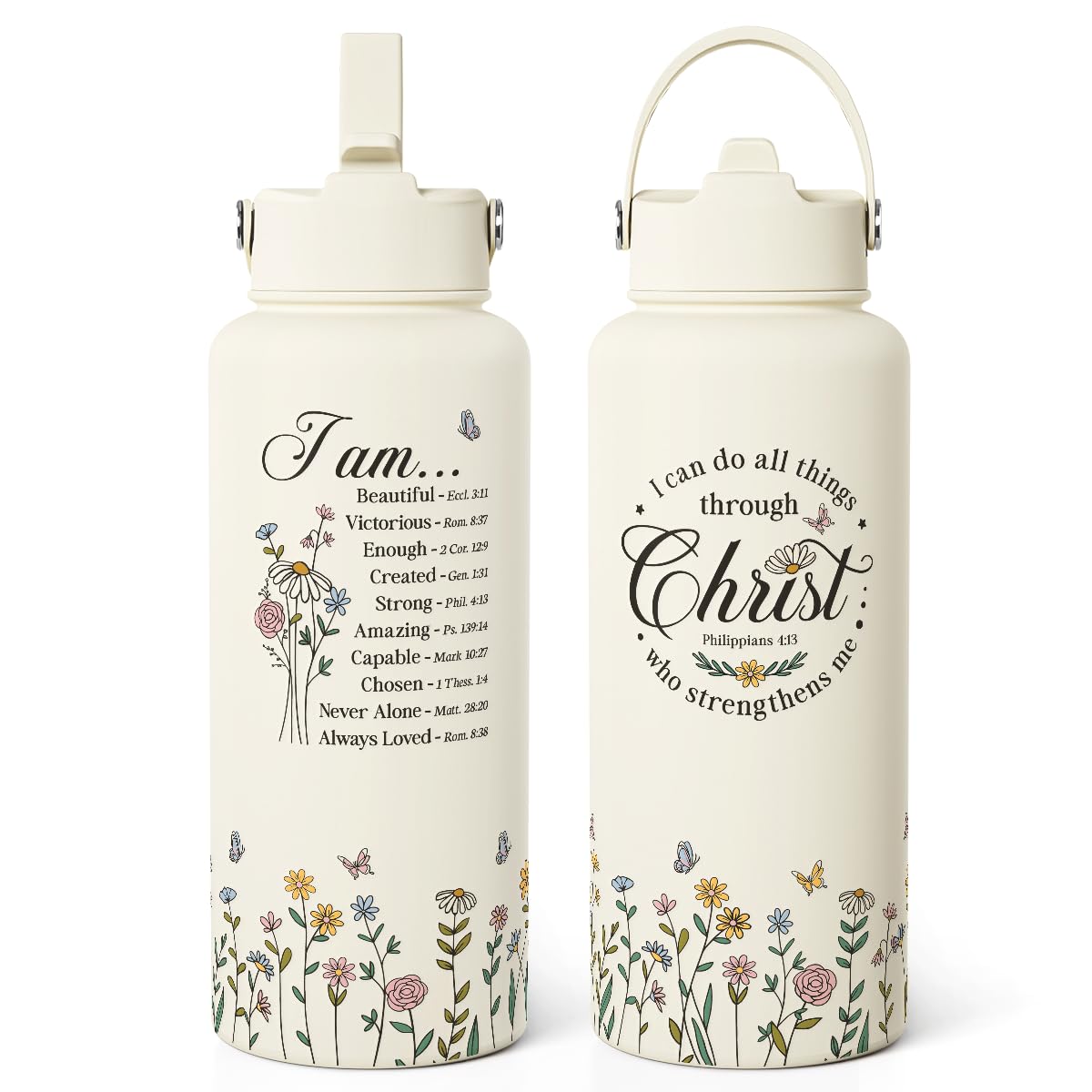 Christian Inspiration Water Bottle 32oz Stainless Steel with Lid & Straw (Christian)