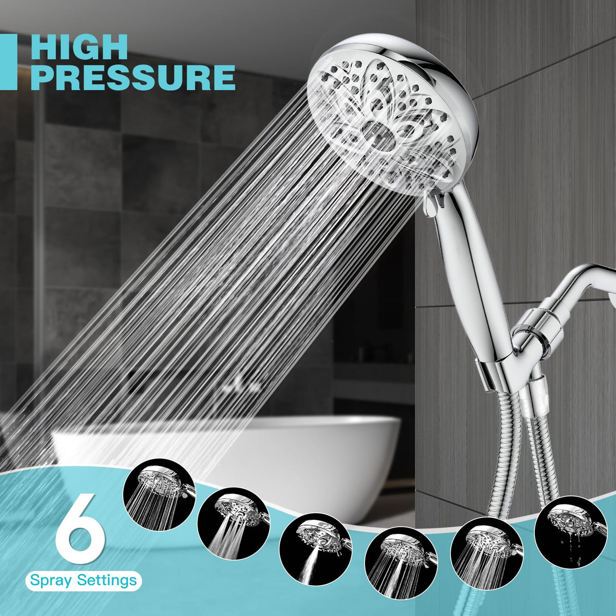 High‑Pressure 6‑Setting Handheld Shower Head (6 Modes / Chrome)