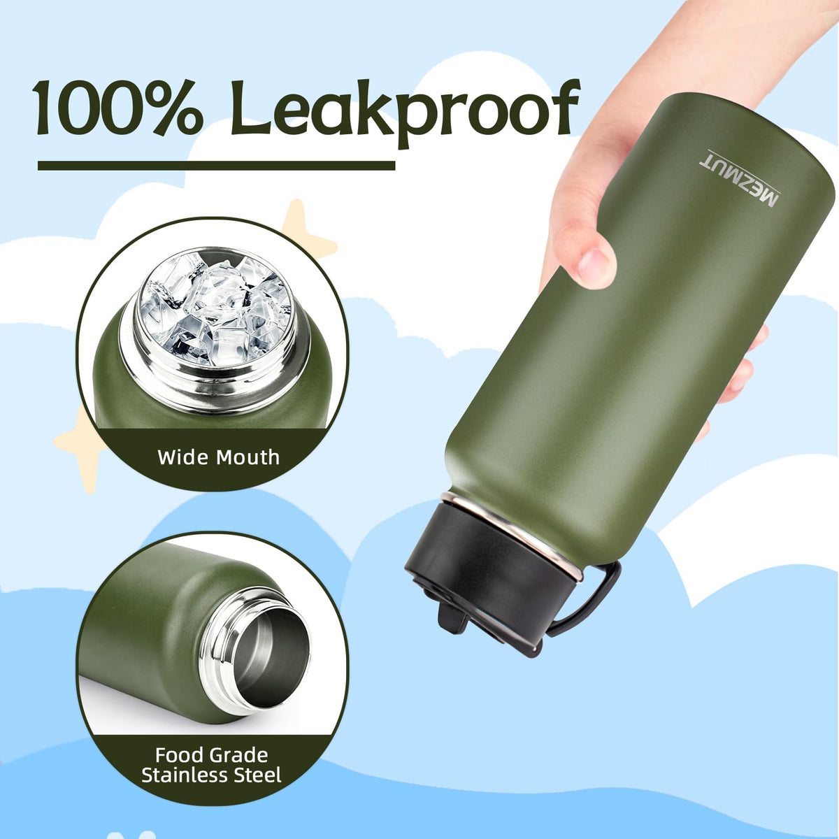 32oz Metal Sports Insulated Water Bottle with Straw Lid (Navy Green-1 Lid)