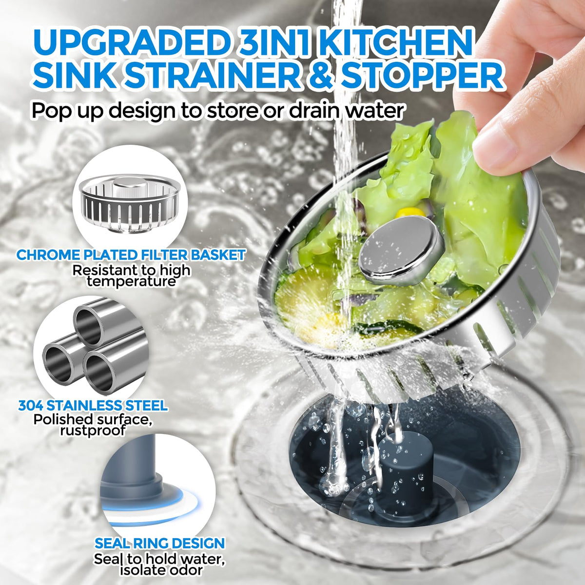 3 in 1 Kitchen Sink Drain Strainer Stopper Removable Basket Pop (Chrome Silver)