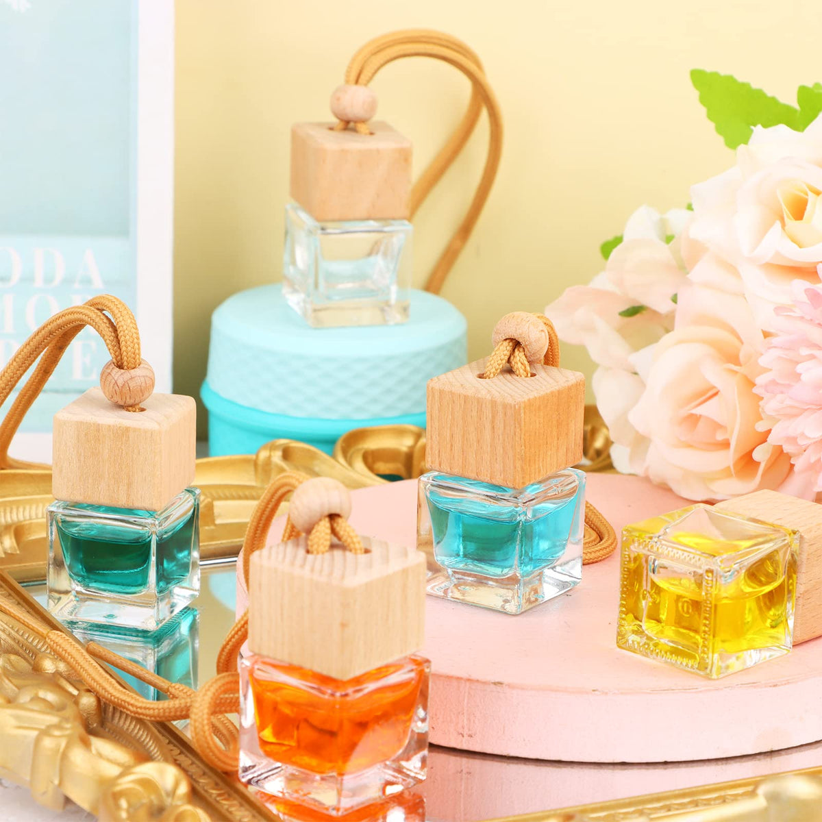 60 Pcs Hanging Car Air Freshener Car Diffuser Bottle Empty Glass Perfume Bottles Air Freshener Diffuser Bottle Pendant for Essential Oils Fragrance Aromatherapy Ornament Decor (Fresh Style)
