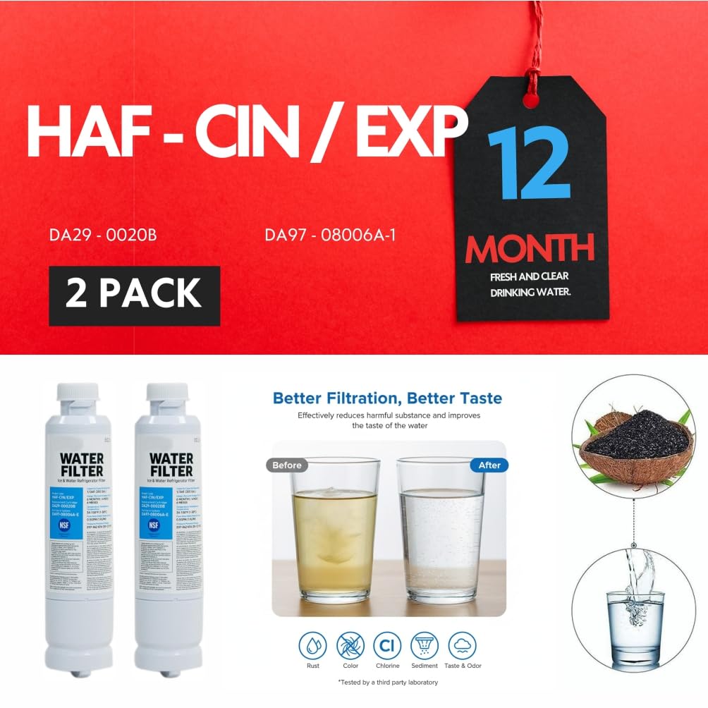 HAF-CIN/EXP DA29 Water Filter Replacement – Compatible with DA29-00020B – Carbon Block 99% Contaminant Reduction – Fresh Water & Ice – 12 Month Life 2 PACK (HAF-CIN)