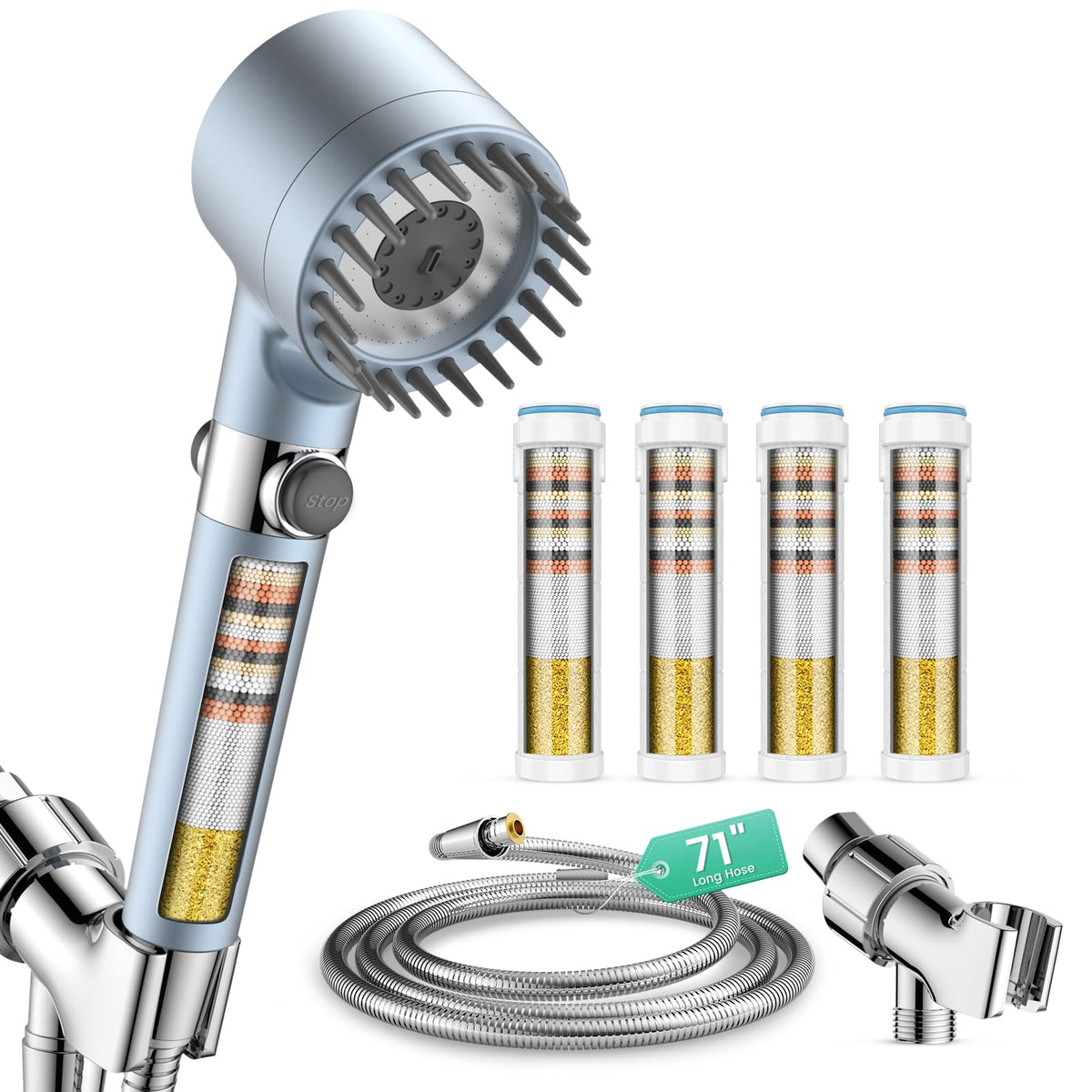 Filtered Shower Head with Handheld 4PCS Filters ShowerHead (Light blue)
