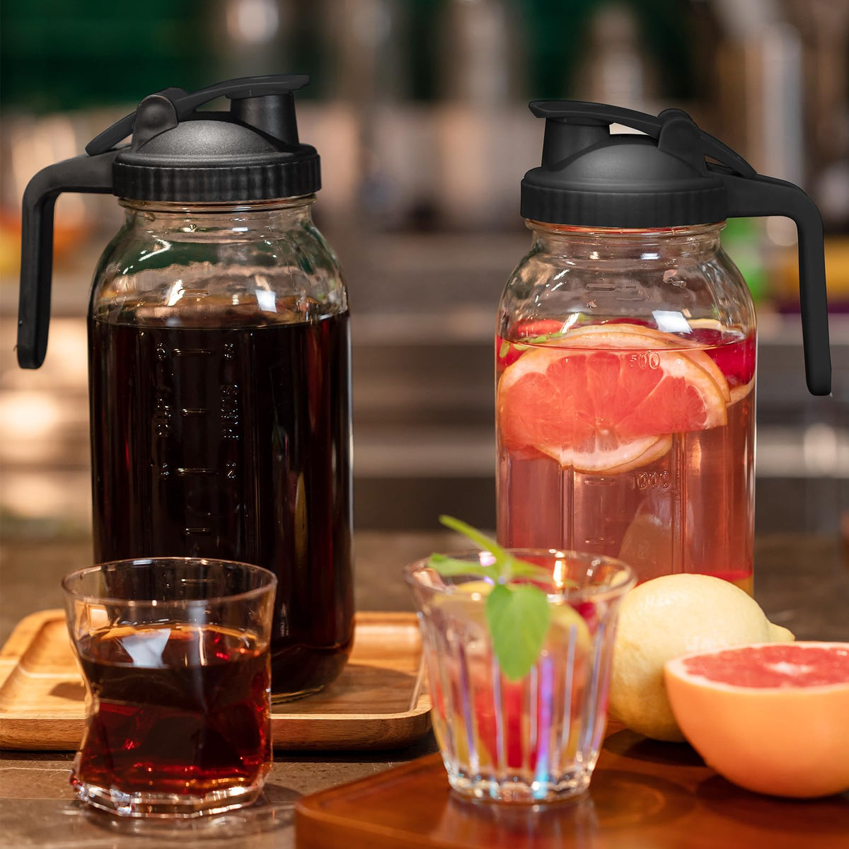 Glass Mason Jars Jugs 64 Oz Pour Spout Lids & Handle (64oz - Set of 2)