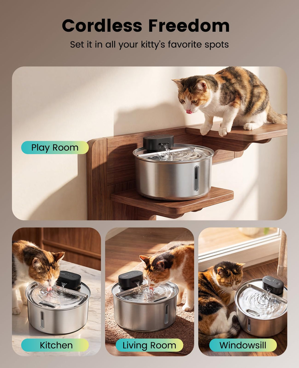 3.2L Cordless Stainless Steel Cat Fountain with 6 Filters
