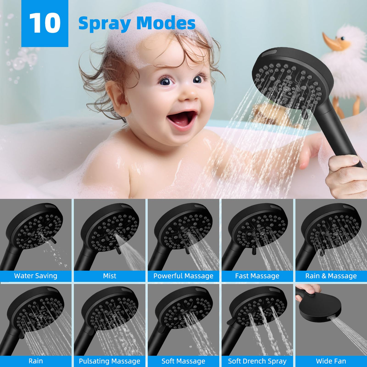 13'' 5 spray Rain Shower Head with 10 (Square 13'' / Matte Black)