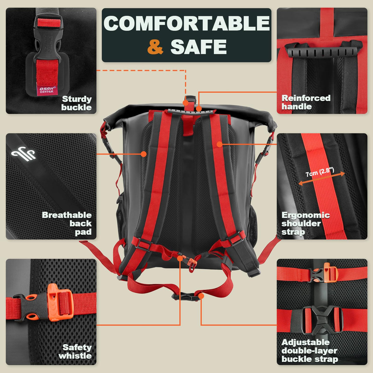 Waterproof Backpack Dry Bag 25L (Black Red / 55L)