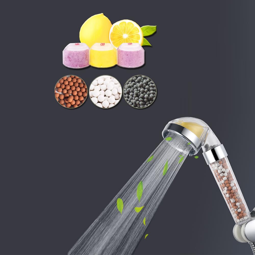 Vitamin C Filtered High Pressure Handheld Shower Head with Bracket and Metal Hose Purifying Hard Water Softener Chlorine Flouride Filter Aroma Showerhead Fresh Dry Skin & Hair Loss (Aroma Filter Showerhead Transparent)