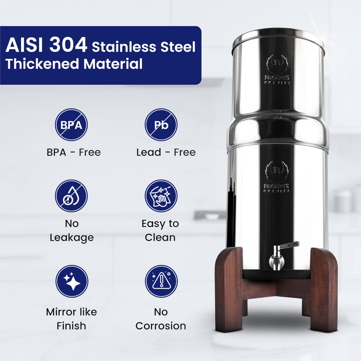 2.25G Water Filter System with Teak Stand & Fluoride Filter (2.25 gallons / Fluoride System with Wood Stand)