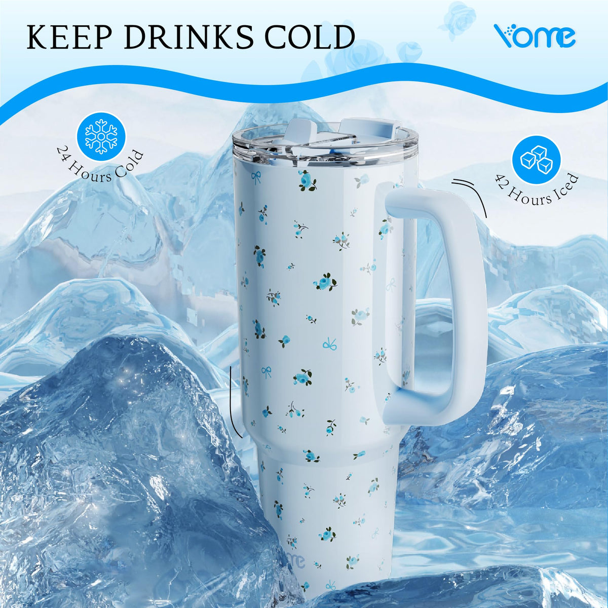 40oz Blue Floral Tumbler with Handle and Flip Straw (Blue Vintage Floral)