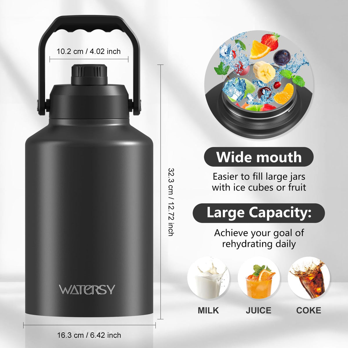 1 Gallon Water Bottle Insulated (Black / 128 Ounces)