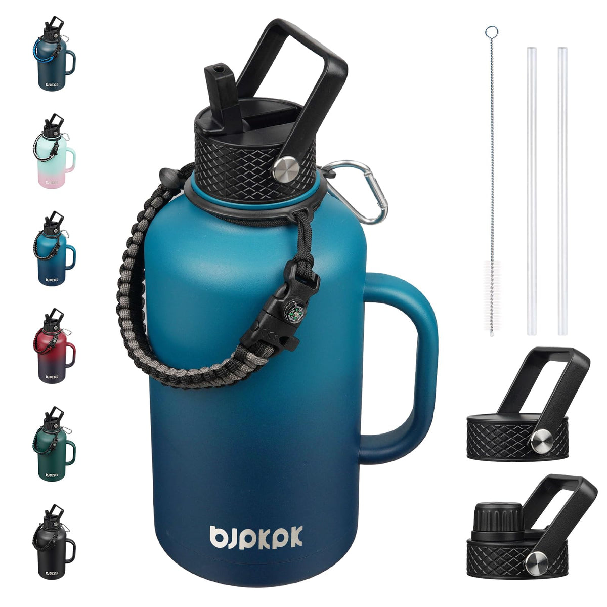 64oz Insulated Water Bottle with Straw Lid Large Stainless Steel Jug (Vast / 64oz-Side Handle)