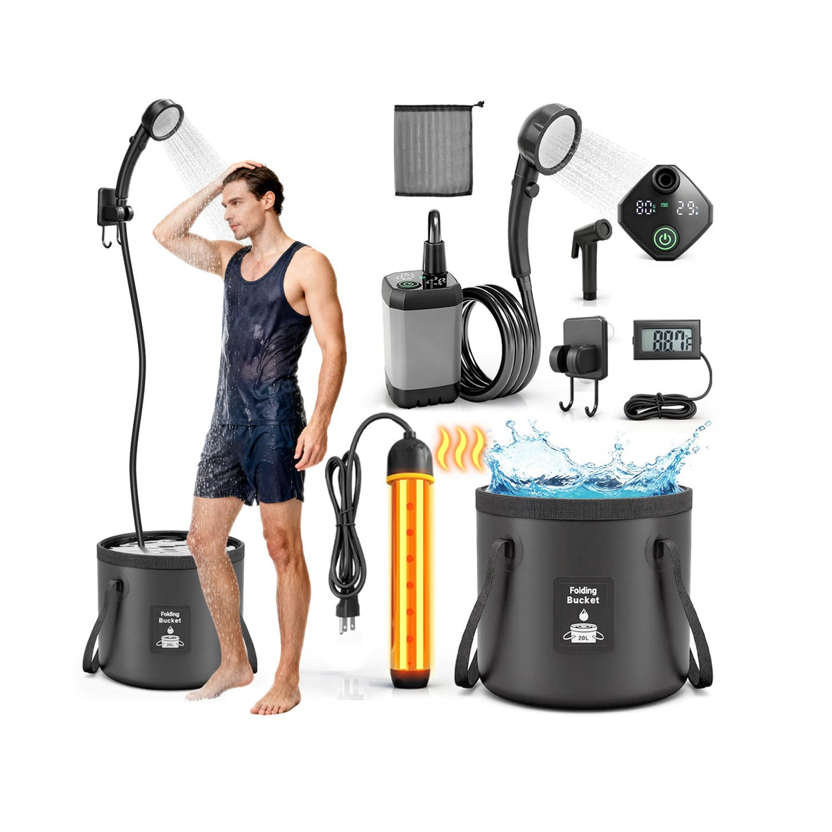 Portable Shower with Heater 1500W Camping Water Heater with Shower Head 3 Spray Modes (Black)