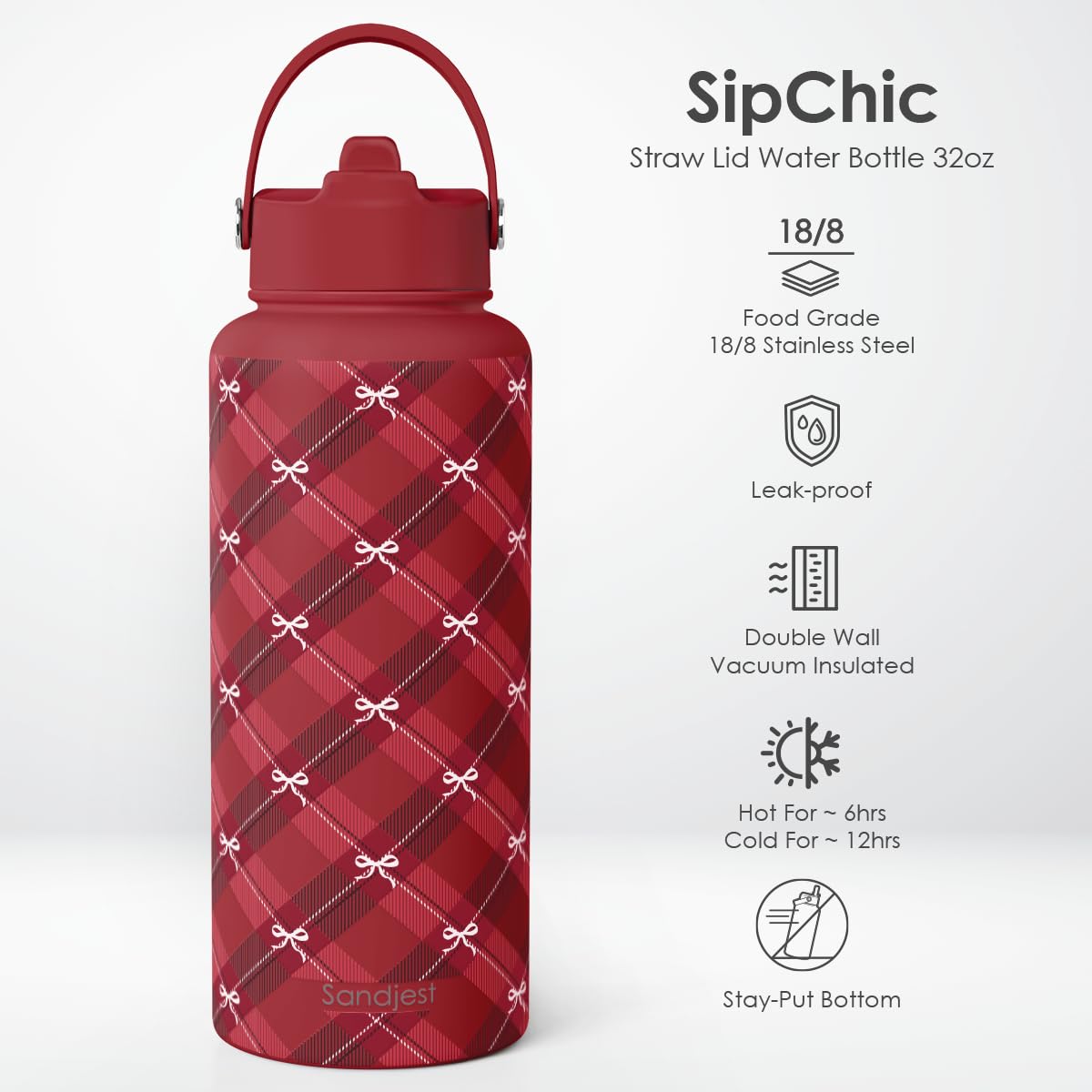 Stainless Steel Water Bottle 32 Ounces with Lid & Straw (Christmas)