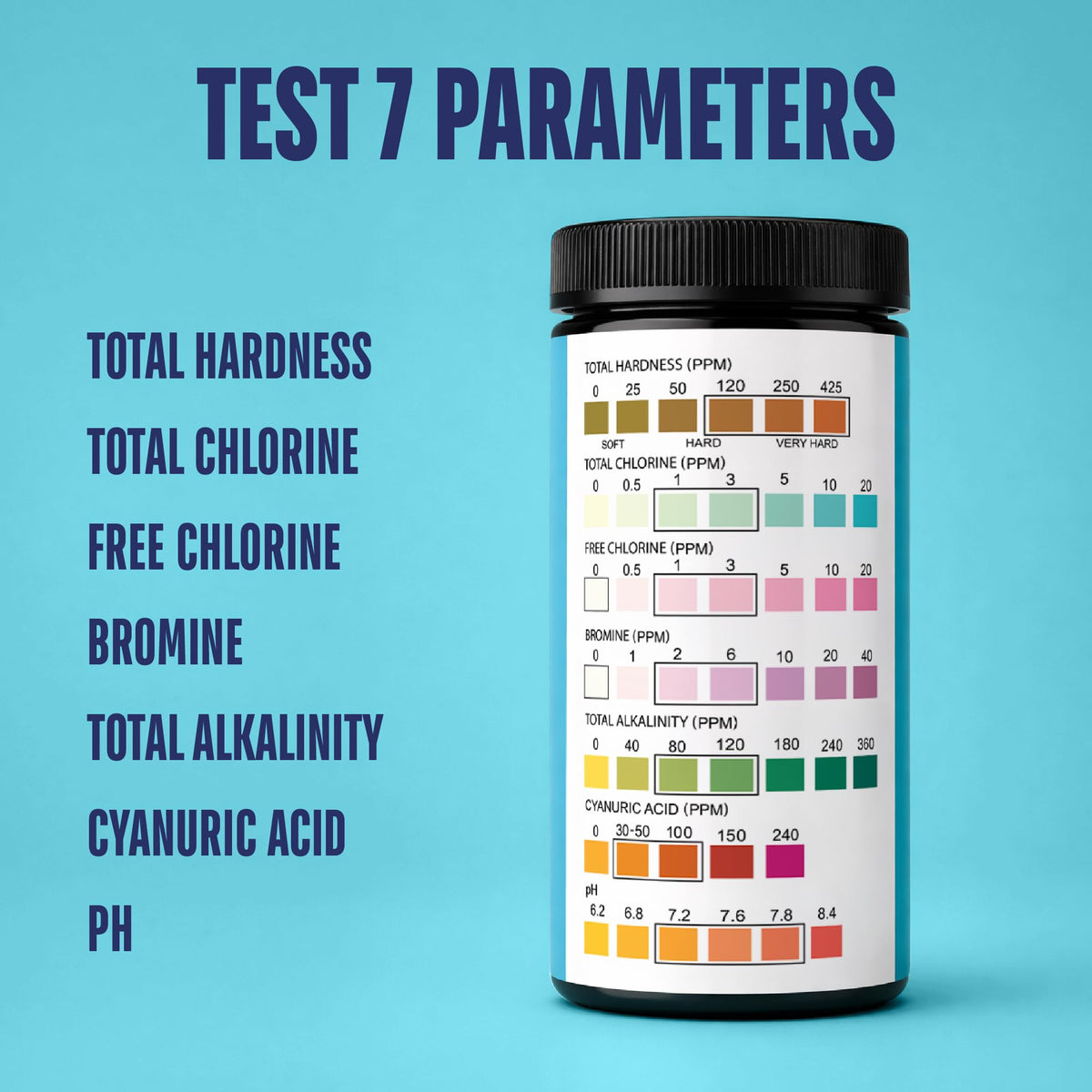 Pool Test Strips for Pools and Spas (150 STRIPS - 7 IN 1 POOL TEST STRIPS)