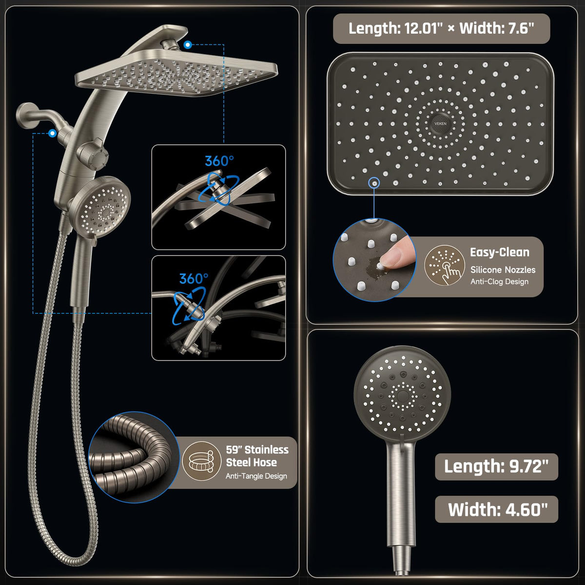 12" Brushed Nickel Shower Head with Handheld (Brushed Nickel / 12inch)