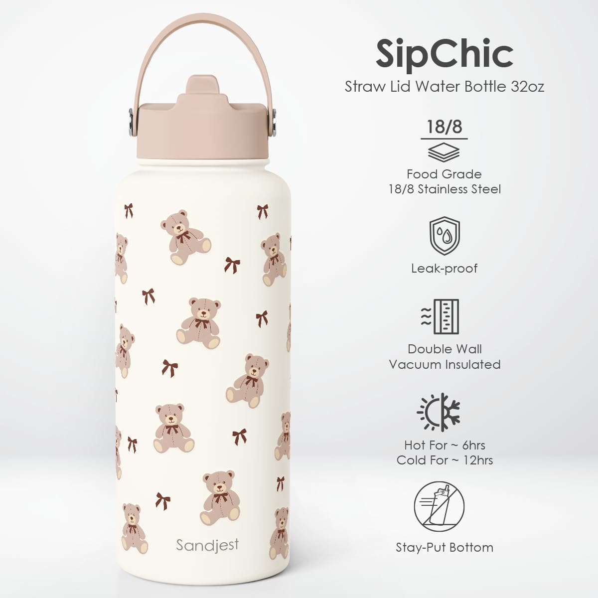 Bear Stainless Steel Water Bottle 32 Ounces with Lid & Straw (Bear)
