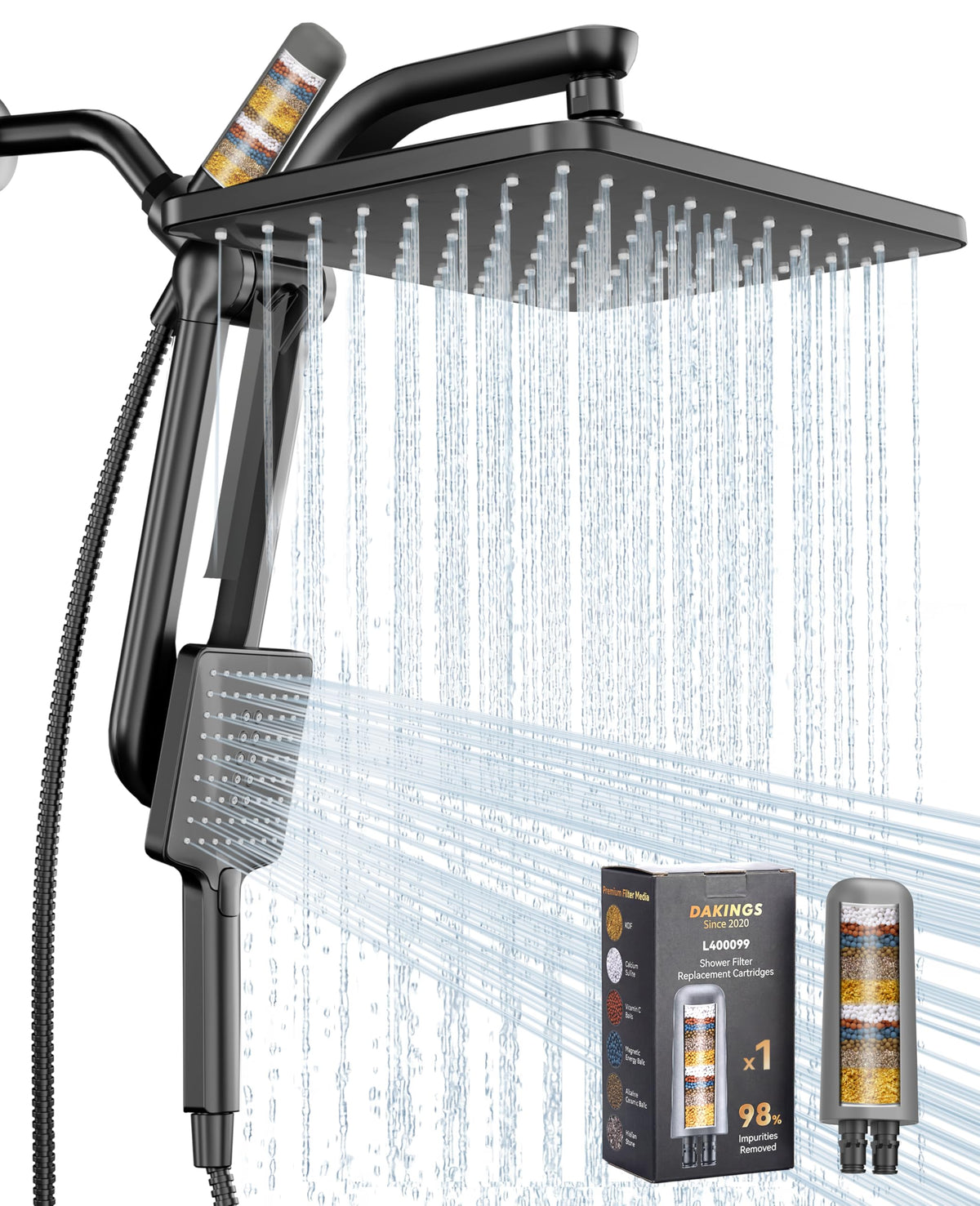 Dual Filtered Rain Shower Head with Handheld Combo (Premium Shinny Black)