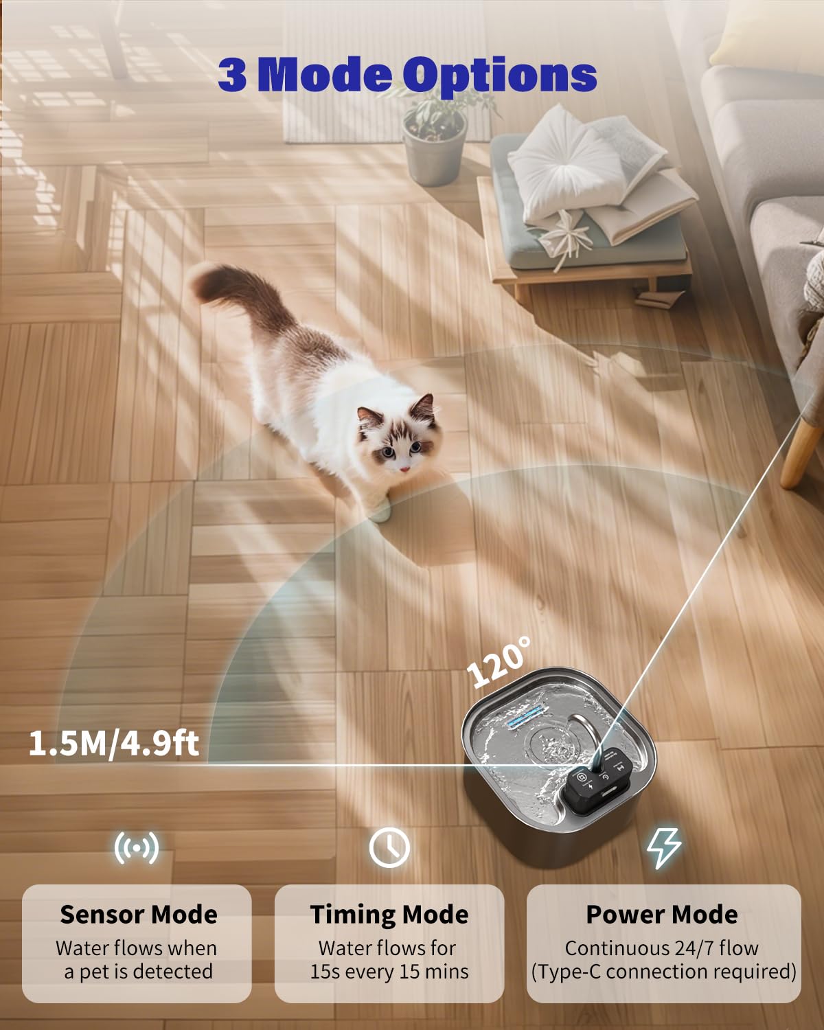 3.2L 108oz Wireless Stainless Steel Cat Water Fountain
