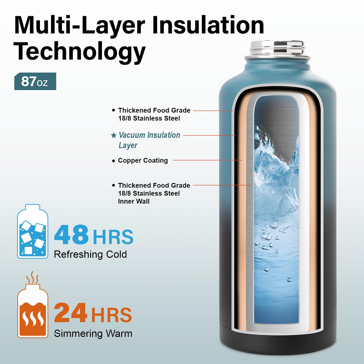 Insulated Water Bottle with Portable Carrier Bag for Outdoor 87 oz (Denim/Black / 87 Ounces)