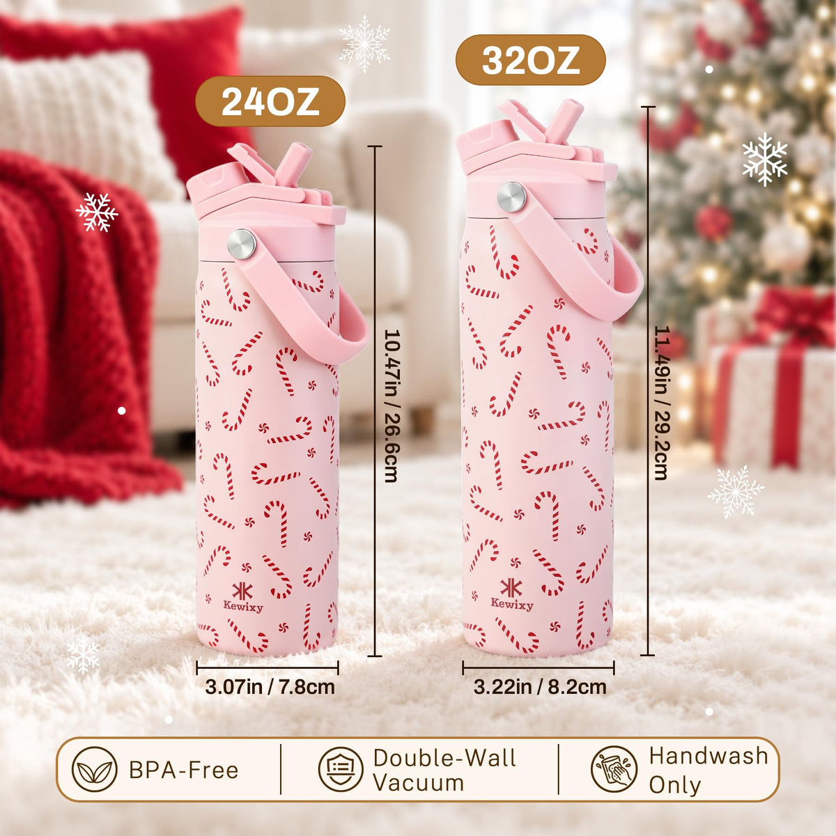 Christmas Water Bottle with Straw Insulated (Candy Canes / 24 Ounces)