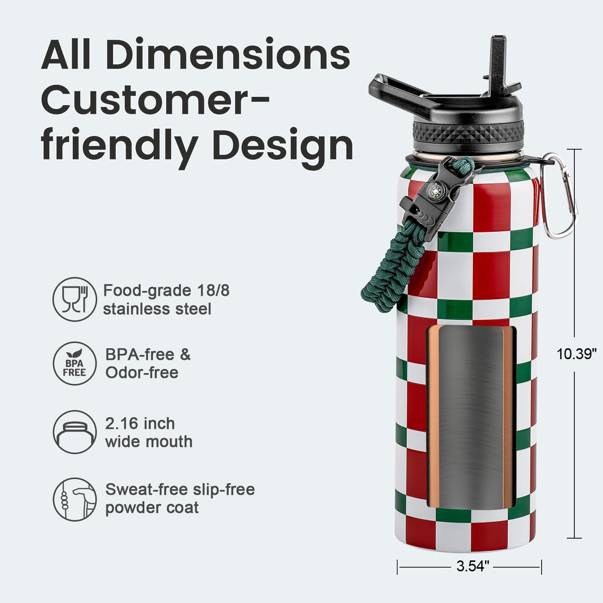 40 oz Insulated Water Bottle with Straw (Mexico-Green White Red Plaid / 40 Ounces)