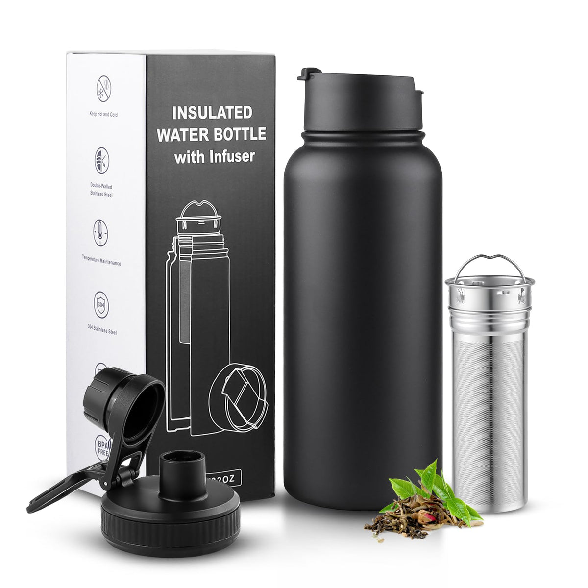 32 oz Tea Infuser Bottle With Removable Filter (Black / 32 Ounces)