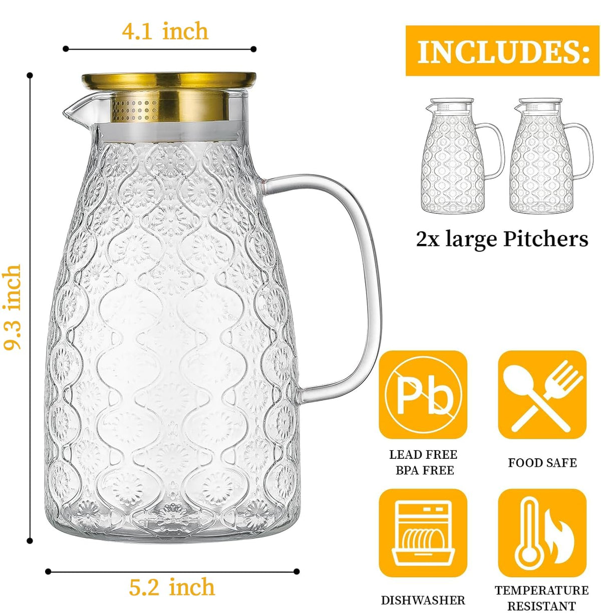 Glass Pitcher with Lid (Clear Flower Design / 2 L 2 Pack)