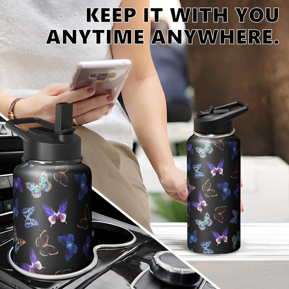 32oz Butterfly Water Bottle with Handle and Flip Straw (Butterfly / 32 Ounces)
