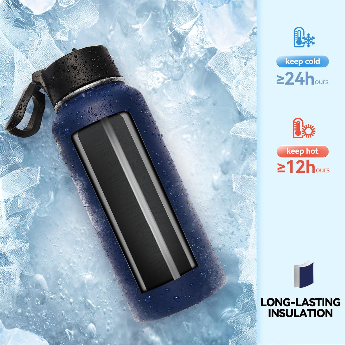 32 oz Insulated Water Bottles with 2 Lids (Navy)