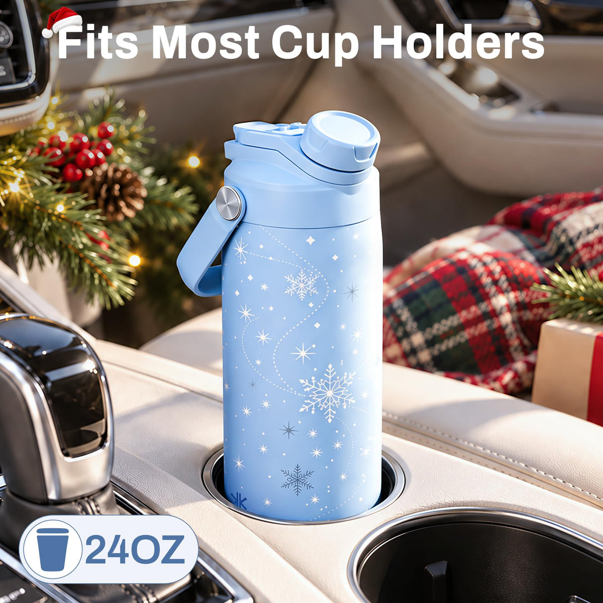 Christmas Water Bottle with Straw Insulated (Golden Reindeer / 24 Ounces)