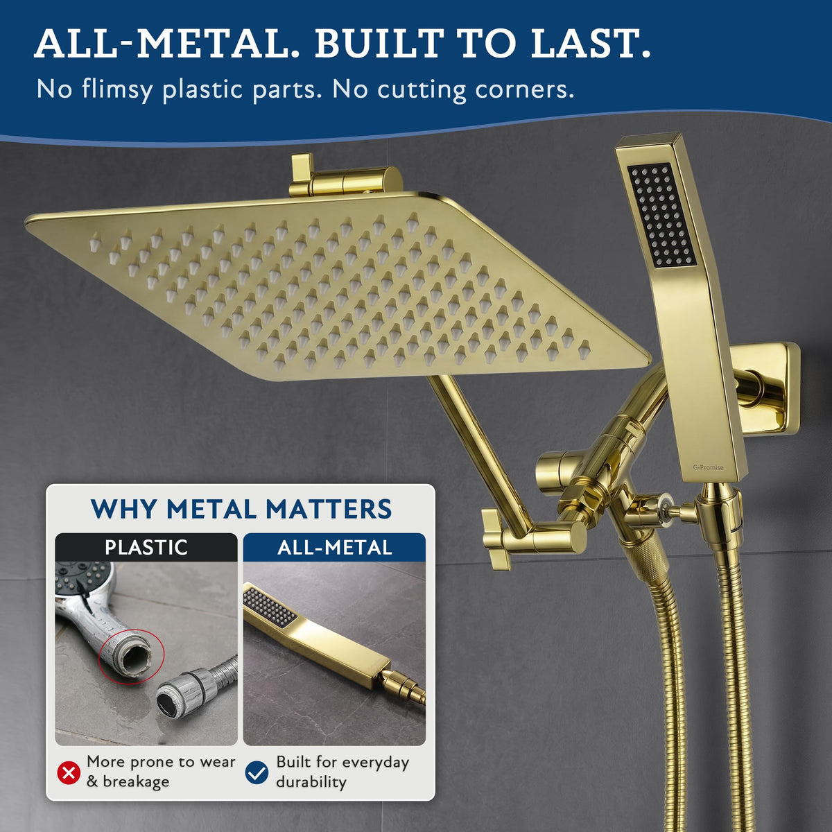 All Metal 10" Dual Square Shower Head Combo (10 Inches / Polished Brass)