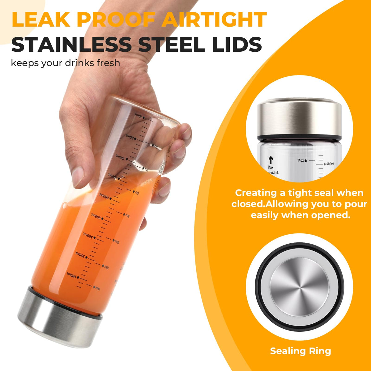 Wide Mouth Borosilicate Glass Juice Bottles 12oz 6 Pack with Lids (Clear-6set/12oz / 12 Ounces (Pack of 6))