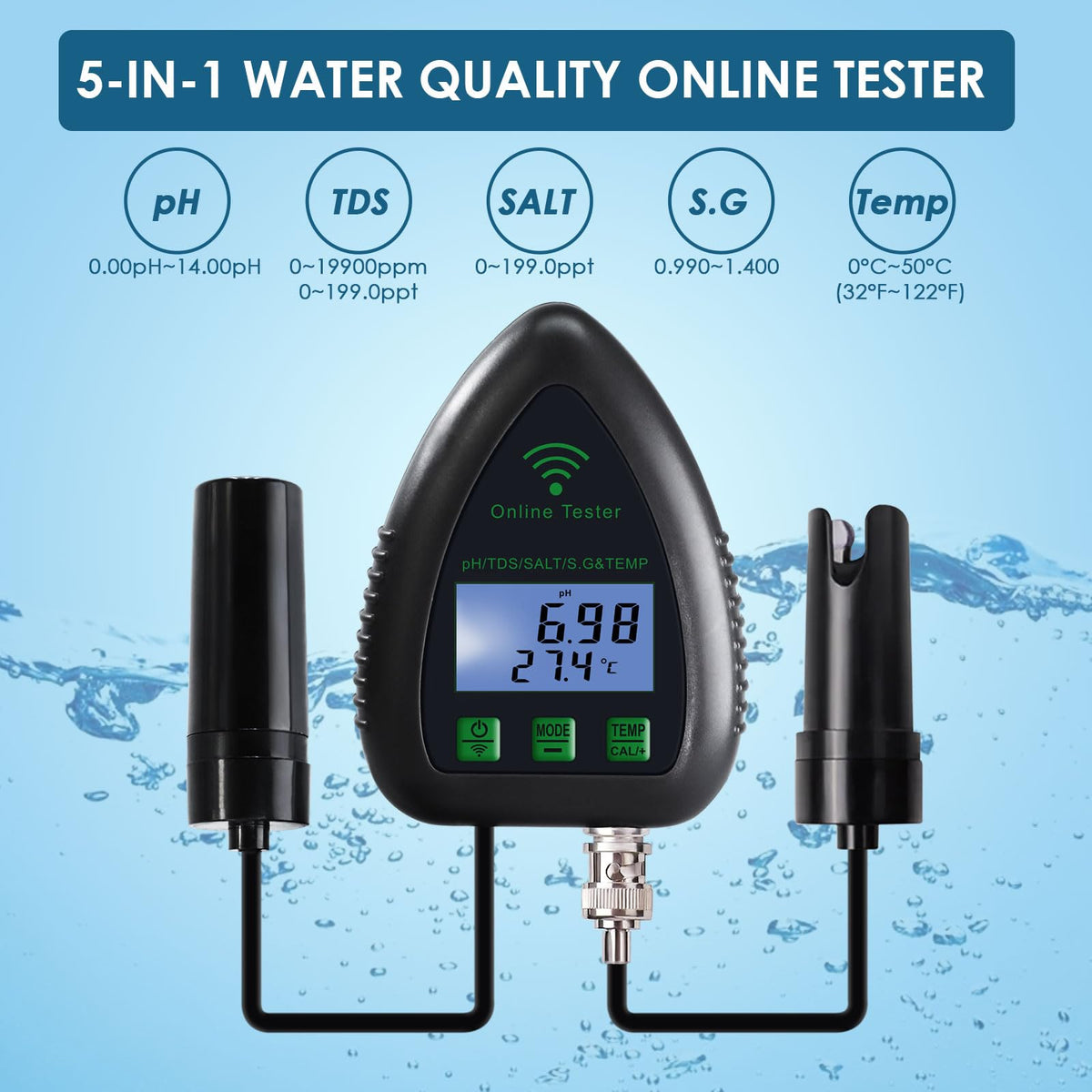 5-in-1 WiFi pH Meter Monitor, Water Quality Tester for pH TDS Salinity S.G Temperature, Tuya Smart APP Remote Monitoring with Alarm & Easy Calibration, for Aquarium Hydroponics