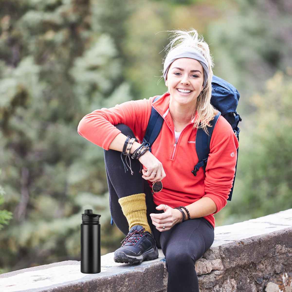 24 oz Insulated Water Bottle with Straw Lid & Wide Mouth Lids (Black / 24 Ounces)