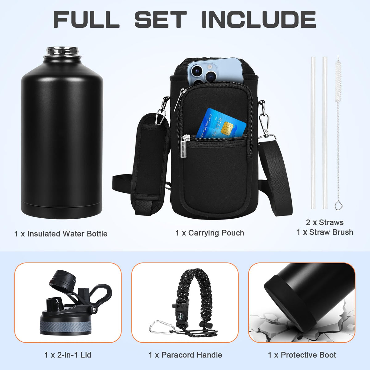 1 Gallon Water Bottle Insulated 128oz Stainless Steel Jug (128 Ounces / Black)