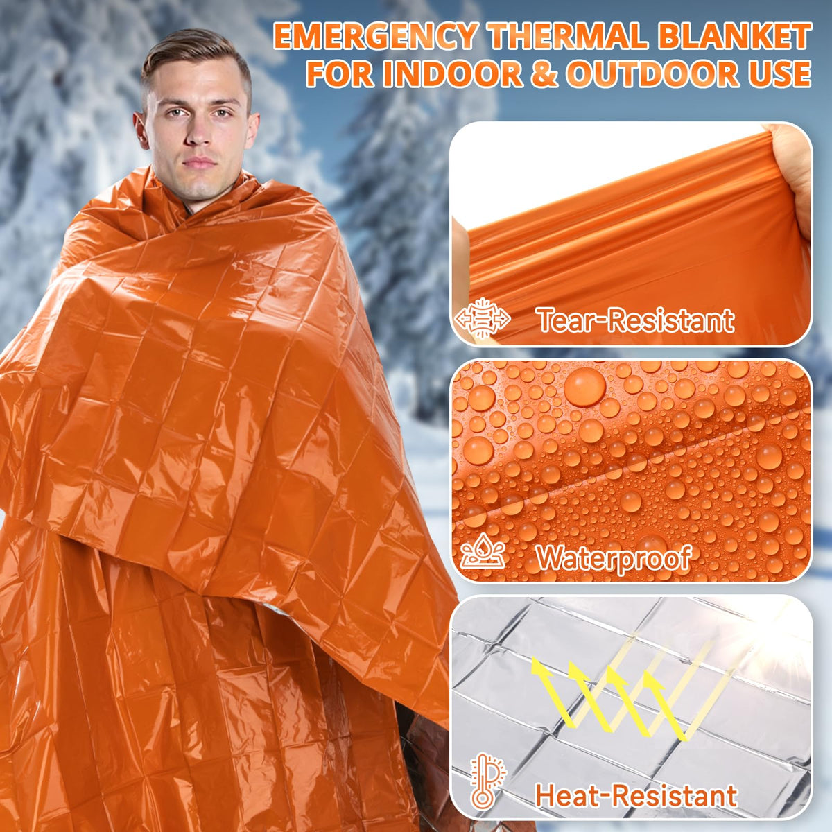 Survival Emergency Thermal Blankets (Orange / 4 Pack)