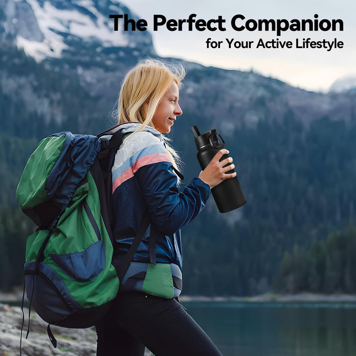32 oz Insulated Water Bottles with 2 Lids (Black)