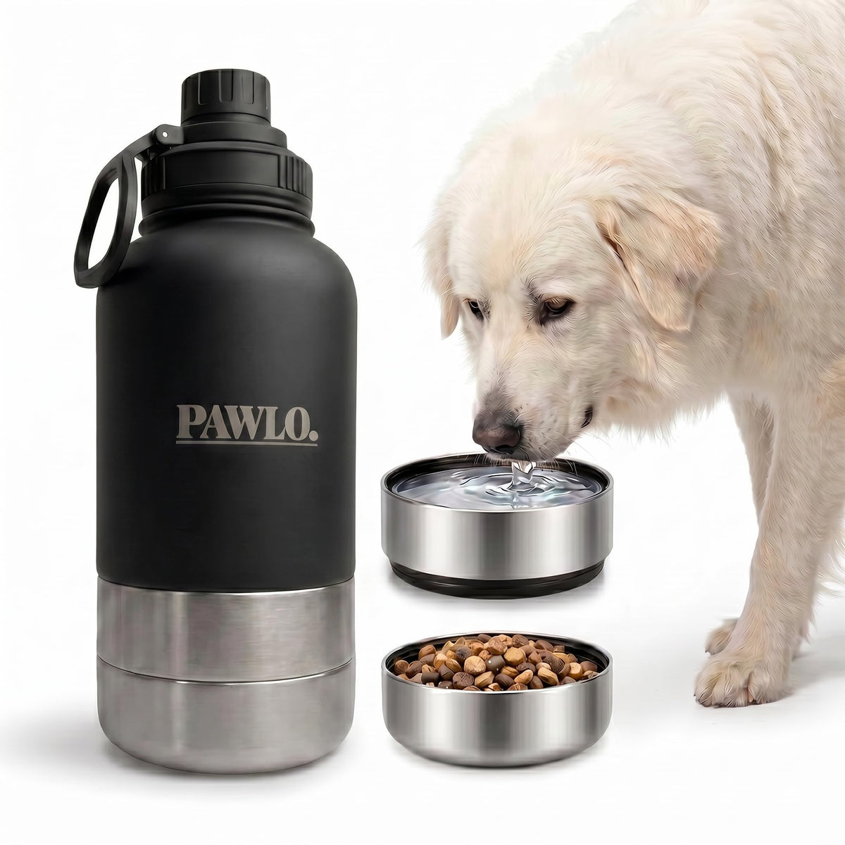 Outdoor Dog Water Bottle with 2 Stainless Steel Bowls (Black)