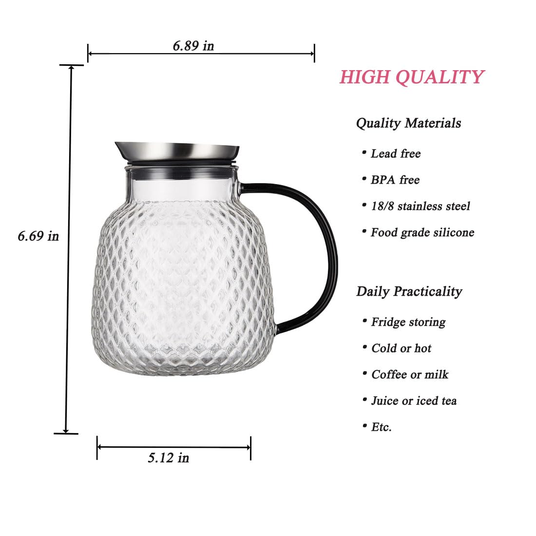 40 ounces “Pineapple Series” Glass Pitcher with Stainless Steel Lid (40 Ounces)