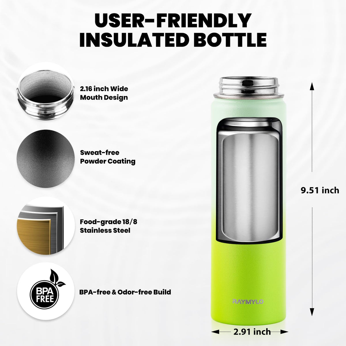 Insulated Water Bottle 20 oz (Ombre Green / 20 Ounces)