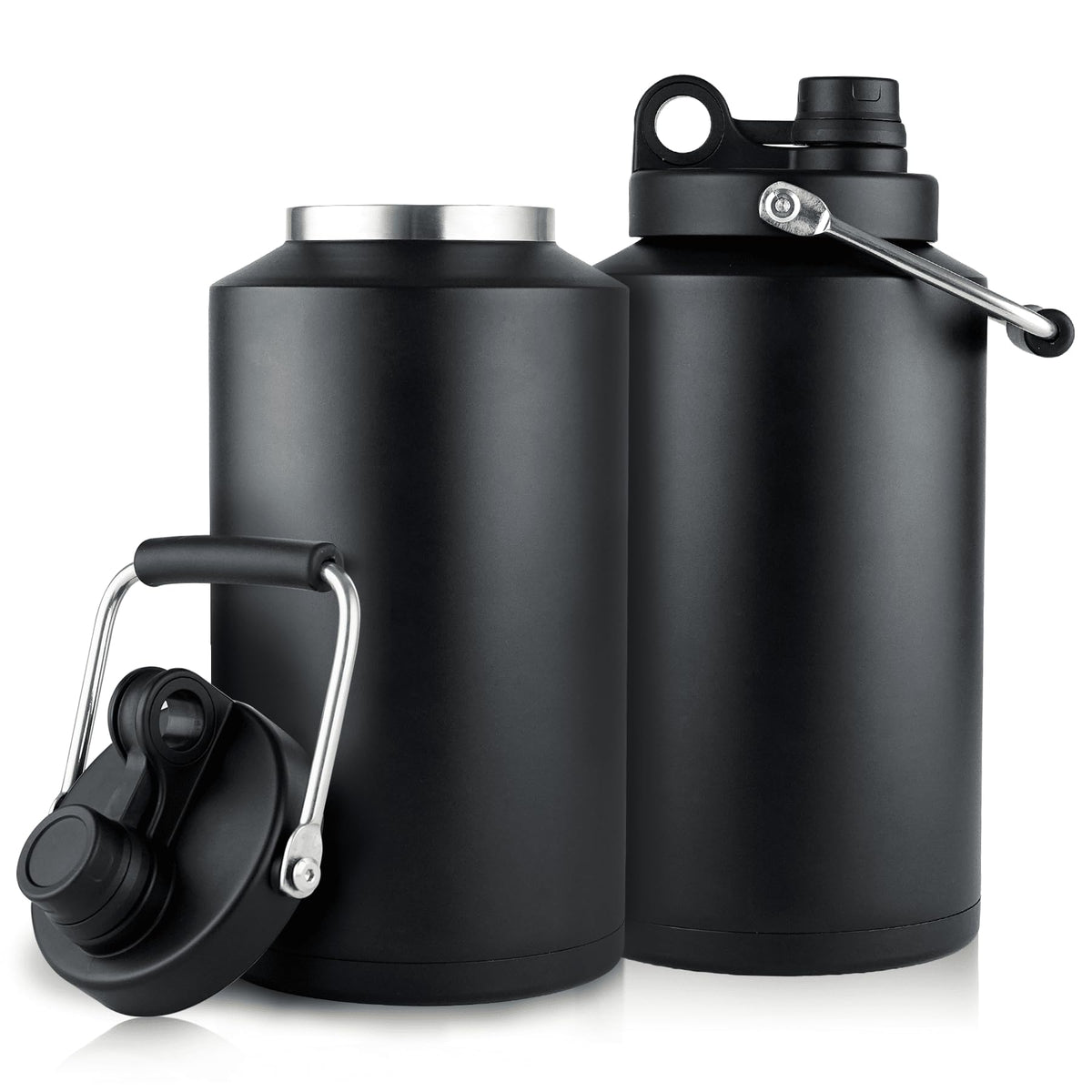1 Gallon Water Bottle Insulated Stainless Steel Keeps Ice 48Hr (Black (2 Packs) / 128 Ounces)