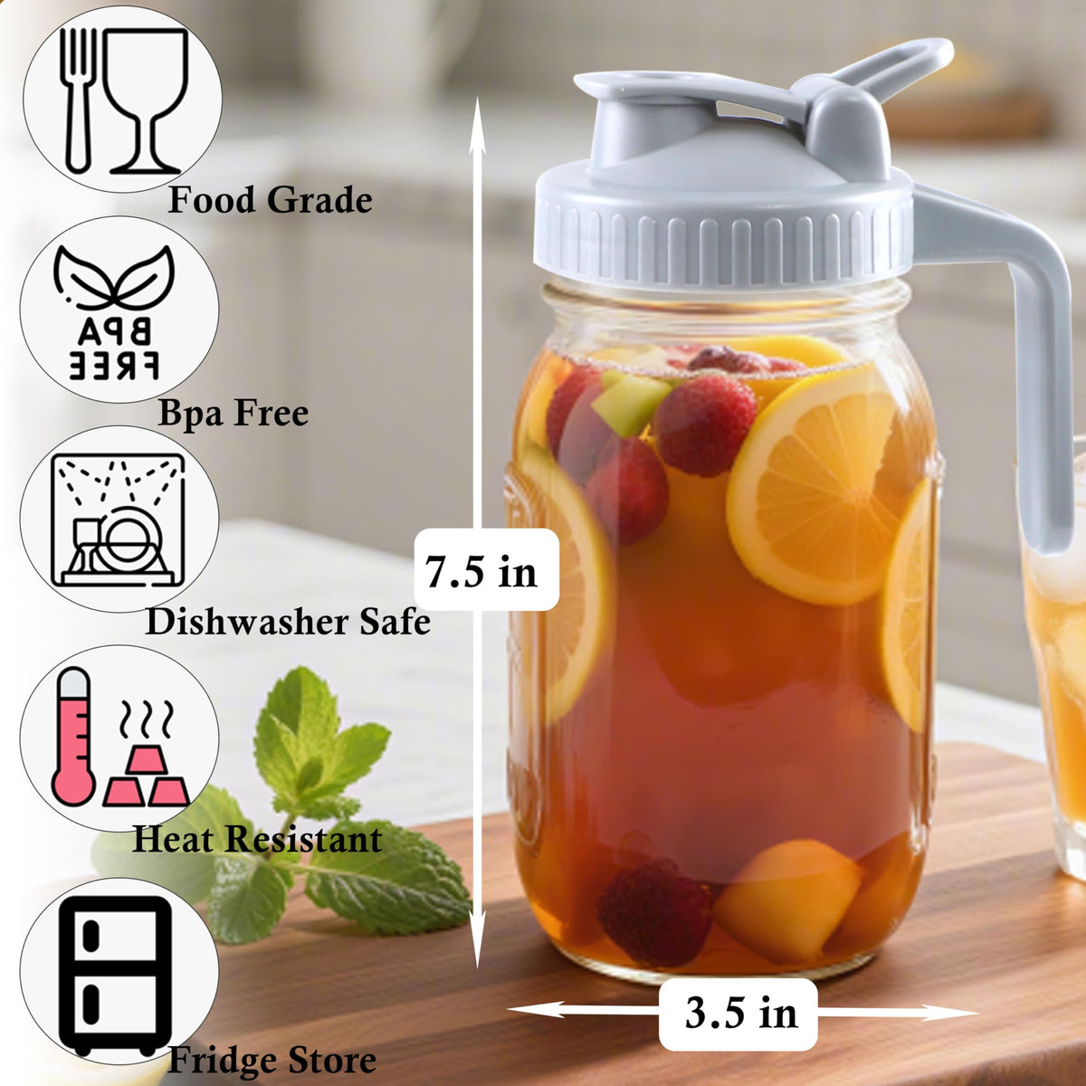 Mason Jar Pitcher With Pour Lid 32 Oz Glass Breast milk Storage Jug 1 Quart Wide Mouth Glass Tea Pitcher With Handle Creamer Container For Fridge Juice (Gray / 32 OZ 2PC)