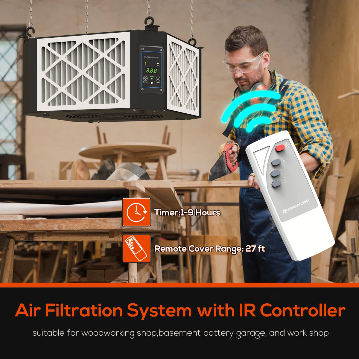 1350 CFM 360° Air Filtration System for Woodshop & Garage Black (Black)