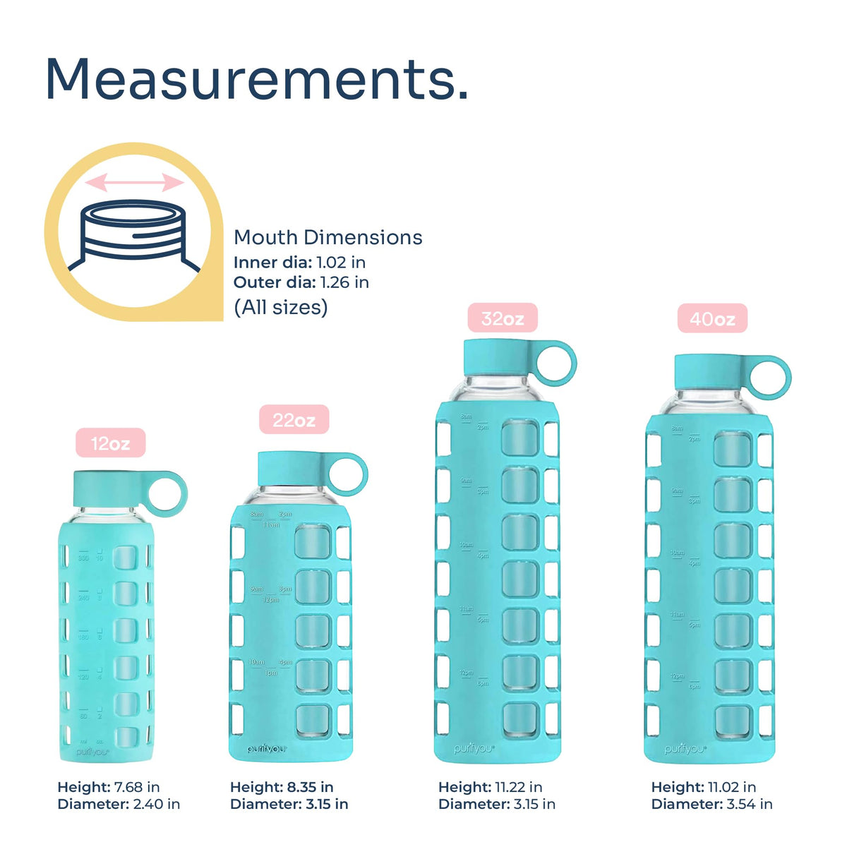 40oz / 32oz / 22oz / 12oz Borosilicate Glass Water Bottle with Time & Volume Markers, Silicone Sleeve, Stainless Steel Lid | Reusable Glass Bottle for Water & Juice (Aqua Blue (1 Count) / 12 Ounces)