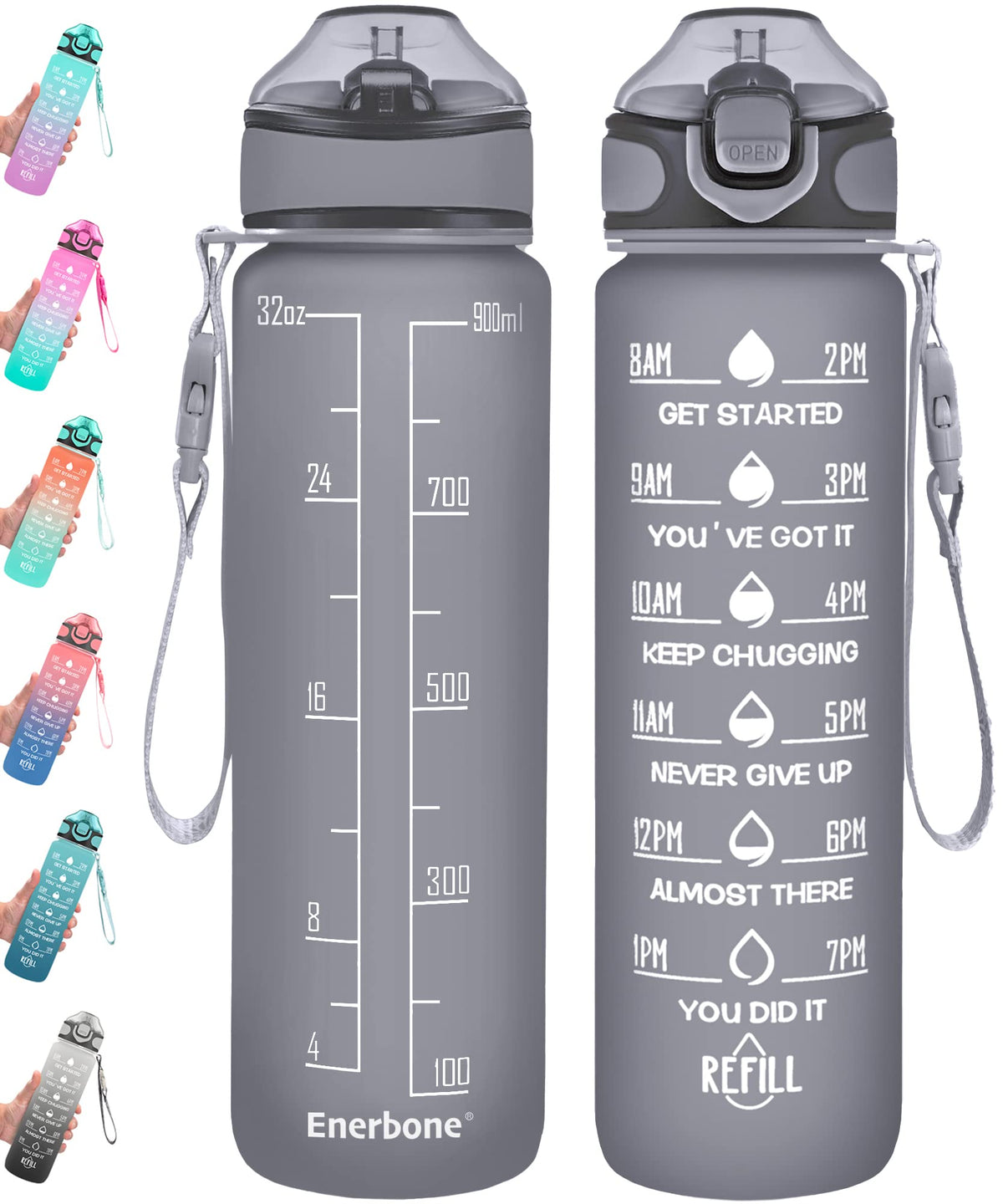 32 oz Drinking Water Bottle with Times to Drink and Straw (Black Cloud)