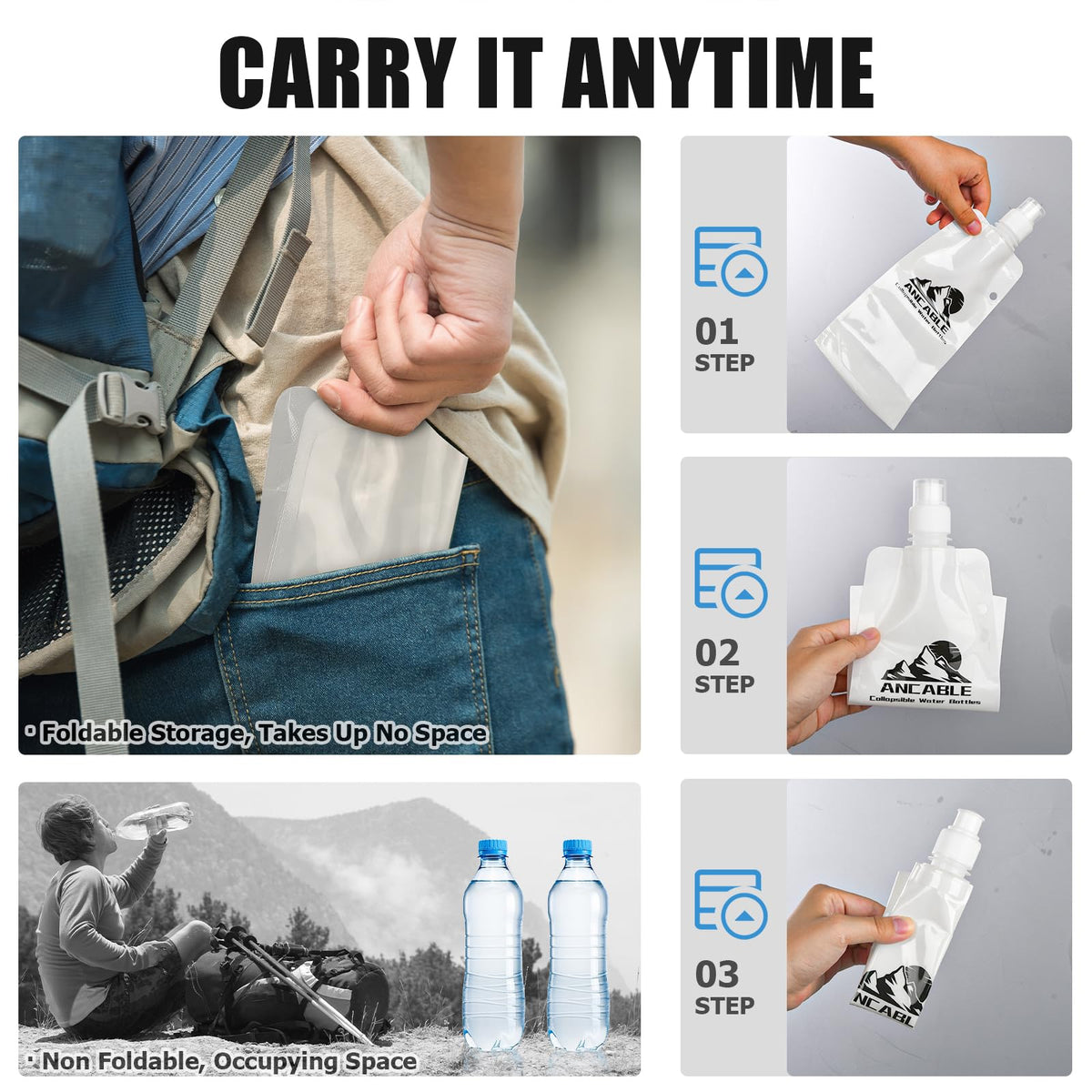 17oz Collapsible Water Bottles (17 Ounces / White x 3)