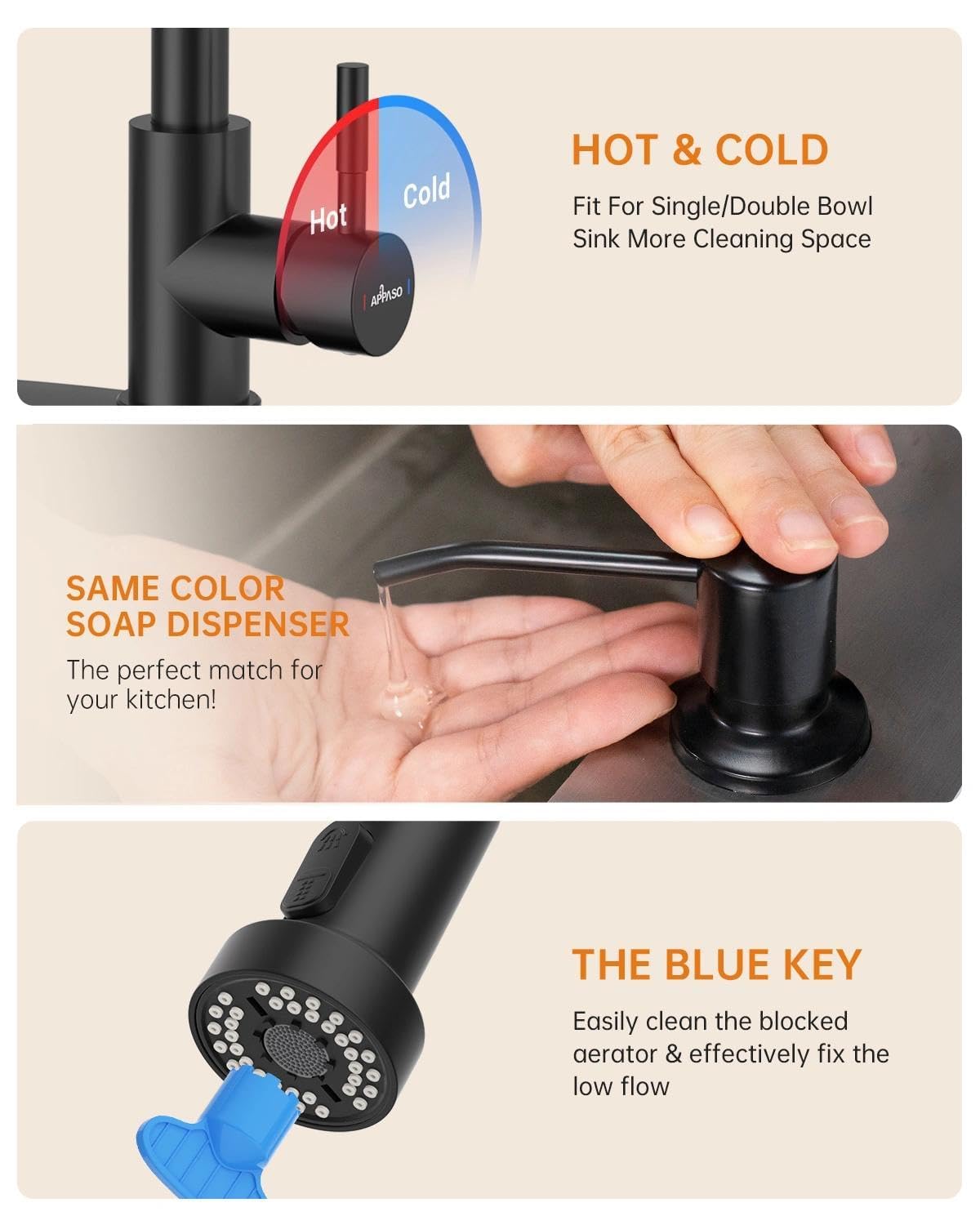 Black Kitchen Faucet with Soap Dispenser & Pull Down Sprayer (Matte Black)