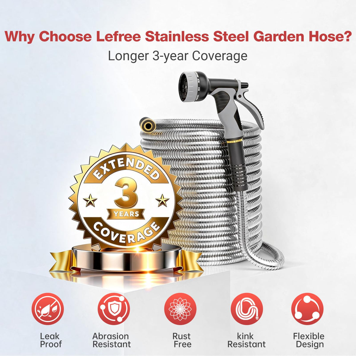125ft Stainless Steel Garden Hose (Gray / 125FT)